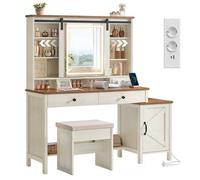 Shein Colección - Tocador con Espejo y Luz, Mesa de Maquillaje de Granja con Taburete, Estación de Carga, 2 Cajones, Organizador Joyas, Blanco Rústico y Mar