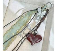 Shein Colgante de perla con forma de corazón de mezclilla vintage de alta gama, llavero versátil de mariposa con borla, colgante con forma de corazón, acces