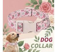 Shein Collar ajustable para mascotas perros de color rosa con estampado de fresa, hebilla beige y argolla en D plateada, collar lindo adecuado para perros p