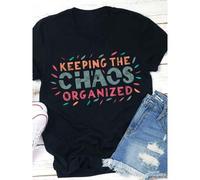 Shein Colorful "Keeping The Chaos Organized" Teacher T-Shirt -%, Casual Crew Neck, Short Sleeve With Playful Letter Design - Machine Washable, Ideal For Spr