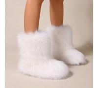 Shein Combina con suéter, botas de nieve esponjosas para mujer con suela plana y suave de media pantorrilla, color blanco