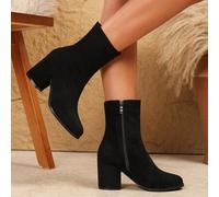 Shein Combinar con sudadera, botas de tobillo de tacón grueso con cremallera lateral para mujer, botas cortas elásticas tipo pull-on, botas altas de tacón g