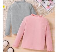 Shein Compra 1 y lleva 1 gratis, conjunto casual básico de 2 piezas para niña joven: blusa de manga larga con cuello alto y ribete ondulado en unicolor, ide