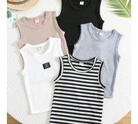 Shein Compra 1 y llévate 4 gratis, Conjunto de 5 piezas de camiseta de tirantes informal con parche de letra para niño pequeño, adecuado para actividades al