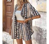 Shein con estampado geométrico de hombros caídos Kimono & con cordón delantero Shorts