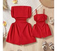 Shein Conjunto a juego casual y lindo de mamá e hija, mono con tirantes rojos
