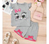 Shein Conjunto casual de 2 piezas para niña con top sin mangas con estampado de ojos grandes y shorts sólidos con moño, para primavera/verano