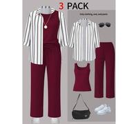 Shein Conjunto casual de 3 piezas para mujer: chaqueta a rayas, top sin mangas y pantalones de pierna ancha con cintura elástica, adecuado para ir al trabaj
