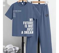 Shein Conjunto casual de camiseta de manga corta con cuello redondo estampada con letra y pantalones rectos de pierna suelta de largo midi para niño preadol