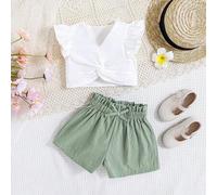 Shein Conjunto Casual De Color Sólido Para Bebé Niña Con Top De Mangas Con Volante Y Shorts Con Detalle Delantero Retorcido