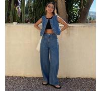Shein Conjunto casual de mezclilla para mujer con chaleco de mezclilla sin mangas de cuello redondo y pantalones vaqueros de pierna de barril