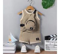 Shein Conjunto casual de moda para niños jóvenes de verano, 3 piezas/set, top de color liso con cuello acanalado y tela texturizada, pantalones cortos y bol