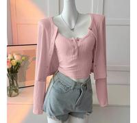 Shein Conjunto casual de mujer de otoño y primavera con top de manga larga de un solo color con botones y camisola
