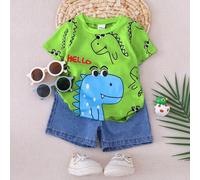 Shein Conjunto casual de primavera y verano para niño pequeño - Camiseta de manga corta y cuello redondo estampada con "HOLA Dinosaurio" en colores, combina