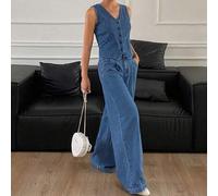 Shein Conjunto casual de vacaciones de mujer con chaleco de mezclilla sin mangas de cuello en V y pantalones vaqueros rectos