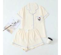 Shein Conjunto con licencia oficial de Sanrio Hello Kitty de 2 piezas, blusa con botones de manga corta y bordado floral, y pantalones cortos con lazo, pija