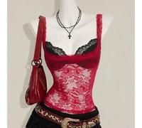 Shein Conjunto de 2 piezas: Camiseta de encaje rojo semitransparente para mujer, combinada con top de tirantes de encaje negro