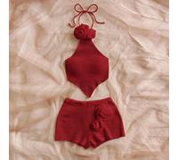 Shein Conjunto de 2 piezas: Chaleco sin espalda con escote halter y flores 3D hechas a mano + shorts cortos, estilo sexy para vacaciones