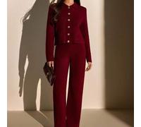 Shein Conjunto de 2 piezas CHAQUETA y PANTALÓN PATA ANCHA - TEJIDO DE ACRÍLICO MARRÓN, CHAQUETA CORTA ABOTONADA y PANTALONES ACAMPANADOS DE CINTURA ALTA DE