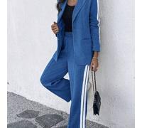 Shein Conjunto de 2 piezas con blazer de cuello entallado con botones delanteros y cinta deportiva a los lados, y pantalones de pierna ancha con bolsillos
