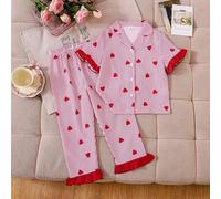 Shein Conjunto de 2 piezas con cárdigan de manga corta con estampado de fresa y cuello con volantes para niñas pequeñas, conjunto de pijama a rayas con cora