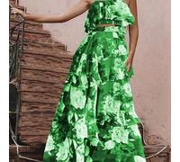 Shein Conjunto de 2 piezas con estampado floral, nuevo para primavera/verano, con top de tirantes con volantes y falda larga, conjunto casual de playa bohem