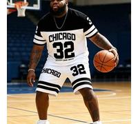 Shein Conjunto de 2 piezas con tema de Chicago para hombre talla grande, camiseta de manga corta con gráfico del número 32 + pantalones cortos a juego, esti