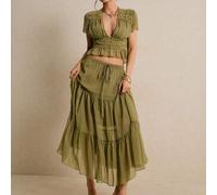Shein Conjunto de 2 piezas con top corto de encaje estilo francés con patchwork y falda con volantes en capas, para mujer, verano, boho elegante, vacaciones