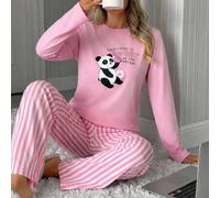 Shein Conjunto de 2 piezas de algodón para mujer, top de manga larga con cuello redondo y estampado de panda dulce rosa, cintura alta rosa y blanco, cómodo