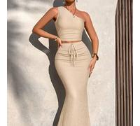 Shein Conjunto de 2 piezas de Amarilo para mujer, con top corto de un hombro fruncido a rayas y falda de sirena fruncida (estampado aleatorio) para el veran