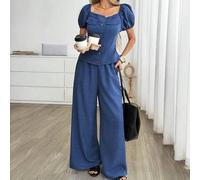 Shein Conjunto de 2 piezas de blusa de manga pétalo con un solo botón y pantalones holgados con bolsillos para mujer