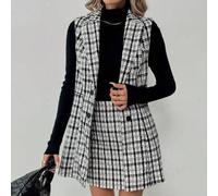 Shein Conjunto de 2 piezas de blusa sin mangas con botones delanteros y falda, casual elegante, para el Día del Maestro, oficina y negocios, a cuadros blanc