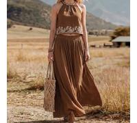 Shein Conjunto de 2 piezas de blusa sin mangas y falda holgada, estilo boho, casual, western, para festival de música country, bordado, para vacaciones de v