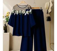 Shein Conjunto de 2 piezas de blusa suelta de cuello redondo con mangas 3/4 y trim floral en unicolor, y pantalones de pierna ancha de cintura elástica en u
