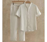 Shein Conjunto de 2 piezas de camisa de manga corta con cuello con muesca y pantalones de lino para hombre, estilo casual, verano, Old Money, atuendos cómod