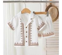 Shein Conjunto de 2 piezas de camisa de polo con cuello y pantalones cortos con bordado geométrico vintage para niños, estilo vacacional