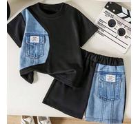 Shein Conjunto de 2 piezas de camisa tipo polo con estampado de tablero de ajedrez y pantalones cortos para niños pequeños, estilo universitario retro, adec