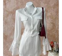 Shein Conjunto de 2 piezas de camisa y minifalda de unicolor, elegante y casual, adecuado para primavera/verano, estilo callejero, semitransparente, con tel