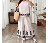 Shein Conjunto de 2 piezas de camisa y pantalón de pierna ancha con estampado de plantas, de estilo elegante francés vintage, para vacaciones y uso casual,