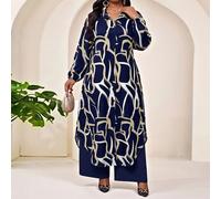 Shein Conjunto de 2 piezas de camisa y pantalones con estampado integral, elegante, formal, para ir al trabajo y eventos nocturnos, talla grande, azul marin