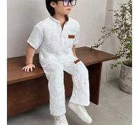 Shein Conjunto de 2 piezas de camiseta casual de estilo universitario y pantalones de punto de pierna recta para joven con trabajo de parche de poliuretano