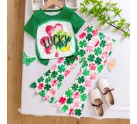 Shein Conjunto de 2 piezas de camiseta de manga corta de punto suave con gráfico de letra "LUCKY" y trébol, y pantalones acampanados para niñas pequeñas, ap