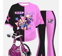 Shein Conjunto de 2 piezas de camiseta de manga corta y pantalones con estampado de superestrellas K-Pop para niñas preadolescentes, adecuado para el verano
