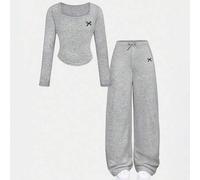 Shein Conjunto de 2 piezas de camiseta de punto de manga larga con cuello en U y pantalón recto de pierna ancha a rayas azul y blanco con lazo decorativo pa