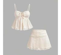 Shein Conjunto de 2 piezas de camiseta de tirantes con cordón frontal texturizado y falda de unicolor para vacaciones de verano de mujer