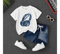 Shein Conjunto de 2 piezas de camiseta y pantalones cortos para niños pequeños, camiseta de punto blanco de cuello redondo y manga corta con gráfico de auri