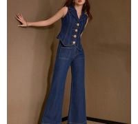 Shein Conjunto de 2 piezas de chaleco vaquero con hebilla metálica y jeans para mujer, primavera/verano