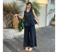 Shein Conjunto de 2 piezas de chaleco vaquero y pantalones con cenefa de volantes en contraste de color para mujer