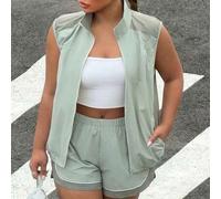Shein Conjunto de 2 piezas de chaleco y pantalones cortos casuales tradicionales con bloques de color para mujer talla grande, verde oliva, para vacaciones
