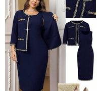 Shein Conjunto de 2 piezas de chaqueta con ribete de cinta y manga 3/4 y vestido sin mangas elegante para mujer de talla grande